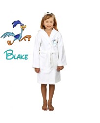 Running Bird Cartoon Design & Custom Name Embroidery on Kids Hooded Bathrobe